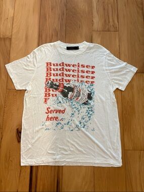 Junk Food Clothing White Tee with Red Logo and Blue Bottle Graphic